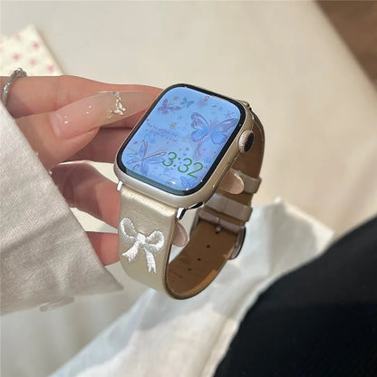 For Apple Watch Series 9 8 7 41mm / 6 5 4 SE (2022) SE (2023) SE 40mm / 3 2 1 38mm Watch Band Bowknot Leather Strap