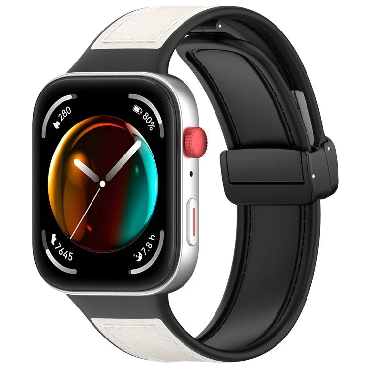 For Huawei Watch Fit 3 Leather Coated Silicone Band Adjustable Watch Strap with Magnetic Buckle