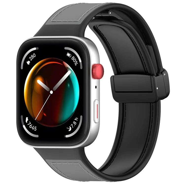 For Huawei Watch Fit 3 Leather Coated Silicone Band Adjustable Watch Strap with Magnetic Buckle