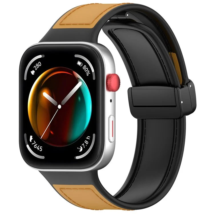 For Huawei Watch Fit 3 Leather Coated Silicone Band Adjustable Watch Strap with Magnetic Buckle