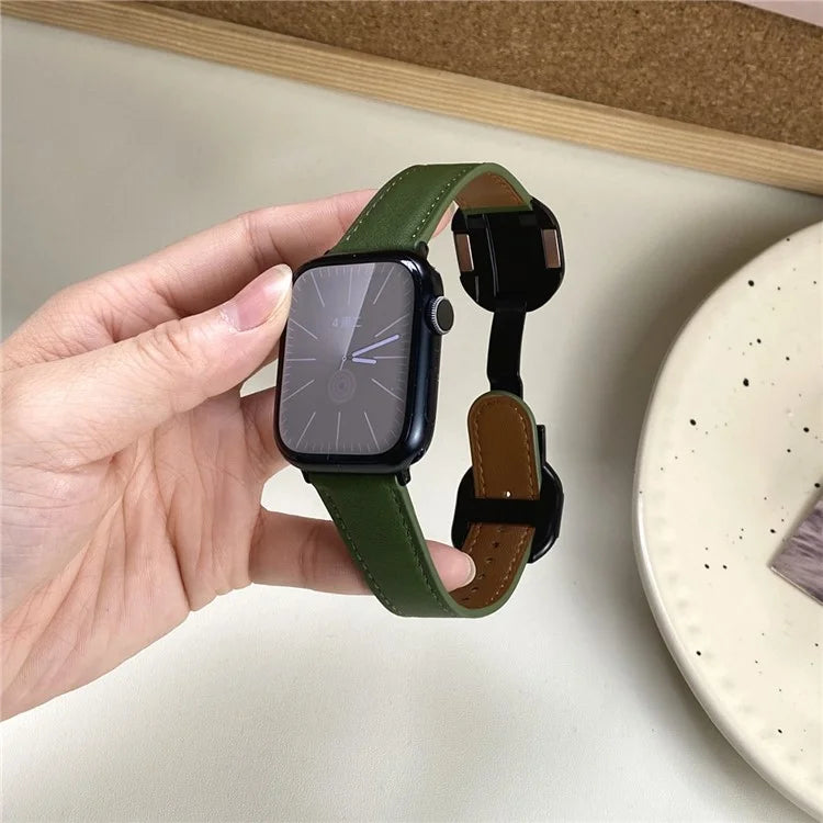 Genuine Cow Leather Strap for Apple Watch Series 9 8 7 41mm / 6 5 4 SE (2022) SE (2023) SE 40mm / 3 2 1 38mm Magnetic Buckle Wrist Band