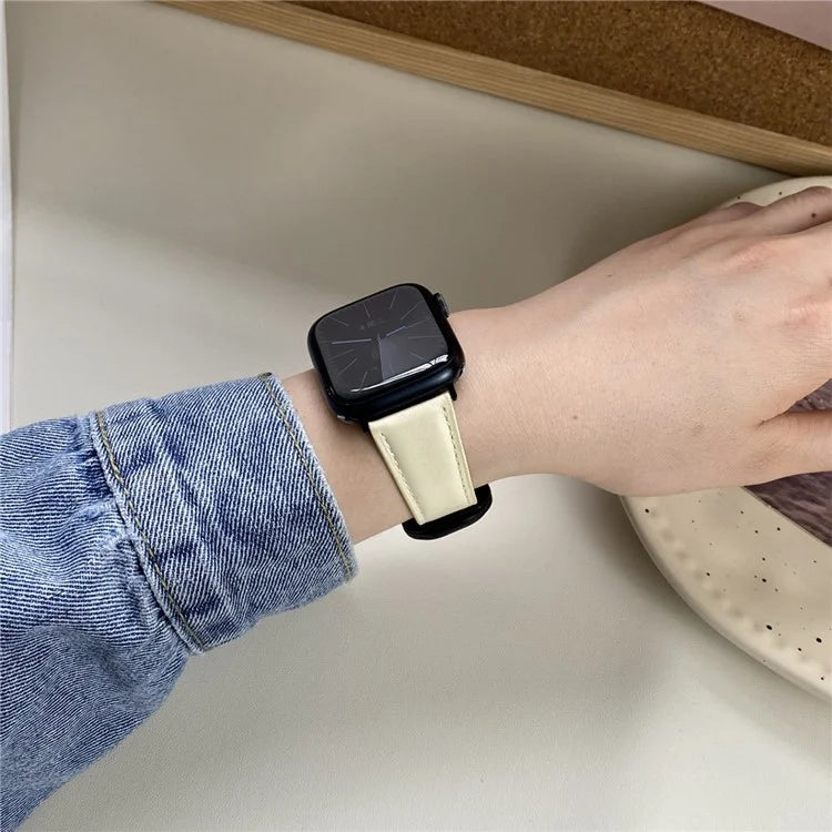 Genuine Cow Leather Strap for Apple Watch Series 9 8 7 41mm / 6 5 4 SE (2022) SE (2023) SE 40mm / 3 2 1 38mm Magnetic Buckle Wrist Band