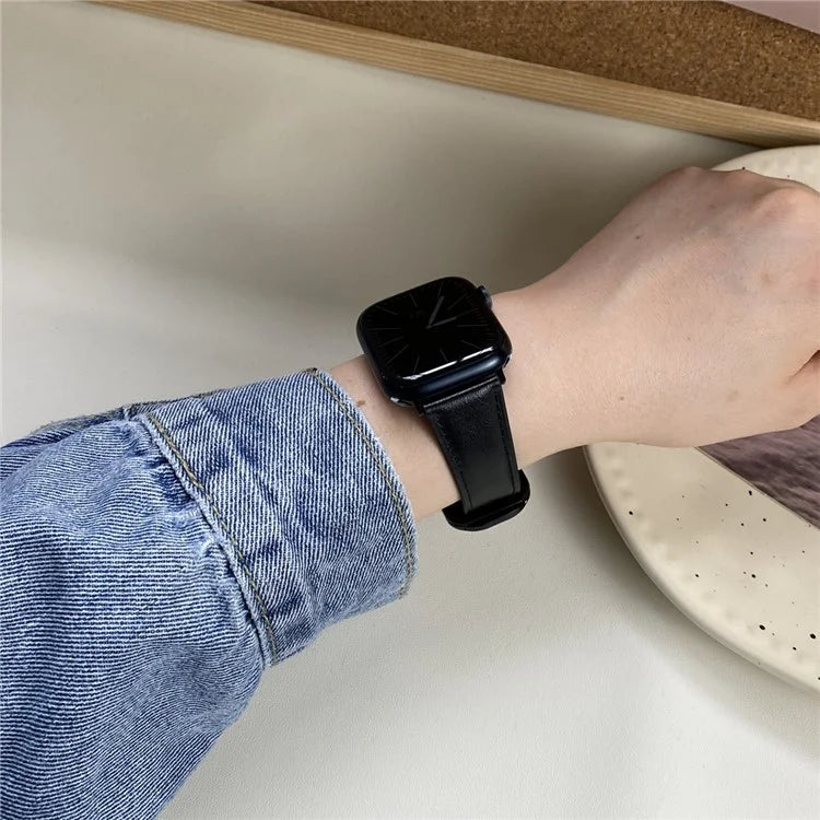 Genuine Cow Leather Strap for Apple Watch Series 9 8 7 41mm / 6 5 4 SE (2022) SE (2023) SE 40mm / 3 2 1 38mm Magnetic Buckle Wrist Band