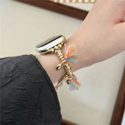 For Apple Watch Series 9 8 7 41mm / 6 5 4 SE (2023) SE (2022) SE 40mm / 3 2 1 38mm Woven Rope Watch Band with Peace Lock Pendant