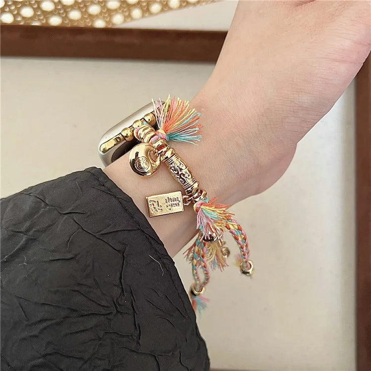 For Apple Watch Series 9 8 7 41mm / 6 5 4 SE (2023) SE (2022) SE 40mm / 3 2 1 38mm Woven Rope Watch Band with Peace Lock Pendant