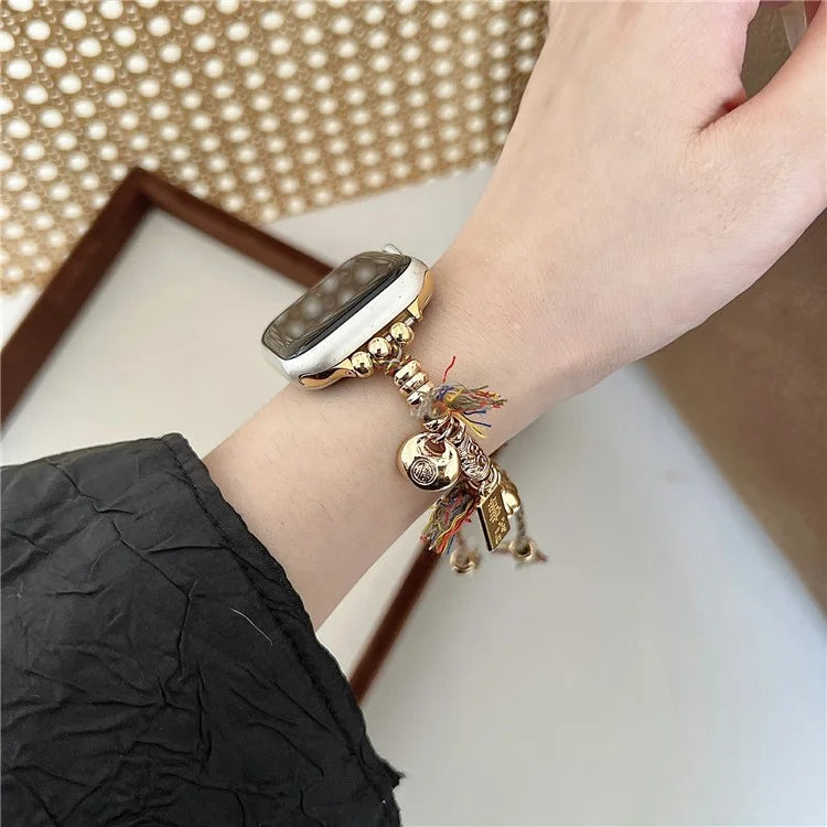 For Apple Watch Series 9 8 7 41mm / 6 5 4 SE (2023) SE (2022) SE 40mm / 3 2 1 38mm Woven Rope Watch Band with Peace Lock Pendant