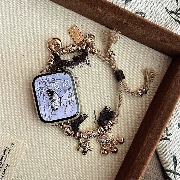 For Apple Watch Series 9 8 7 41mm / 6 5 4 SE (2023) SE (2022) SE 40mm / 3 2 1 38mm Woven Rope Watch Band with Peace Lock Pendant