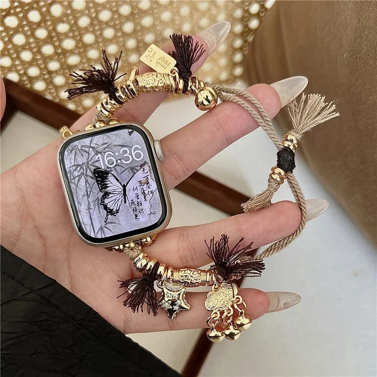 For Apple Watch Series 9 8 7 41mm / 6 5 4 SE (2023) SE (2022) SE 40mm / 3 2 1 38mm Woven Rope Watch Band with Peace Lock Pendant