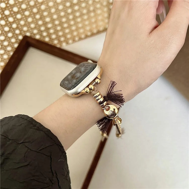 For Apple Watch Series 9 8 7 41mm / 6 5 4 SE (2023) SE (2022) SE 40mm / 3 2 1 38mm Woven Rope Watch Band with Peace Lock Pendant
