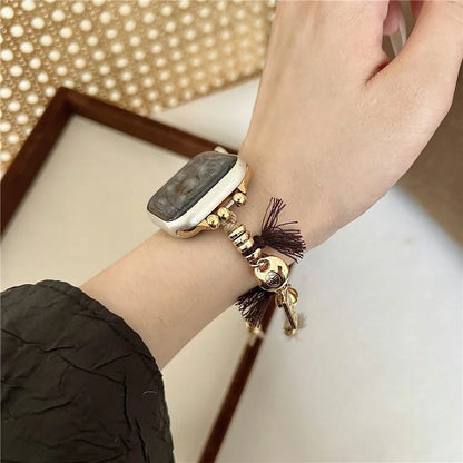 For Apple Watch Series 9 8 7 41mm / 6 5 4 SE (2023) SE (2022) SE 40mm / 3 2 1 38mm Woven Rope Watch Band with Peace Lock Pendant