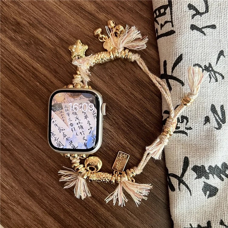 For Apple Watch Series 9 8 7 41mm / 6 5 4 SE (2023) SE (2022) SE 40mm / 3 2 1 38mm Woven Rope Watch Band with Peace Lock Pendant