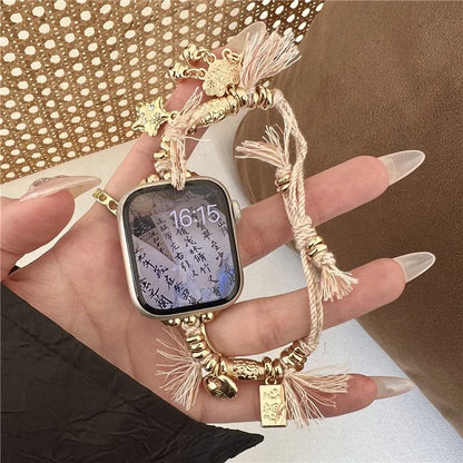 For Apple Watch Series 9 8 7 41mm / 6 5 4 SE (2023) SE (2022) SE 40mm / 3 2 1 38mm Woven Rope Watch Band with Peace Lock Pendant