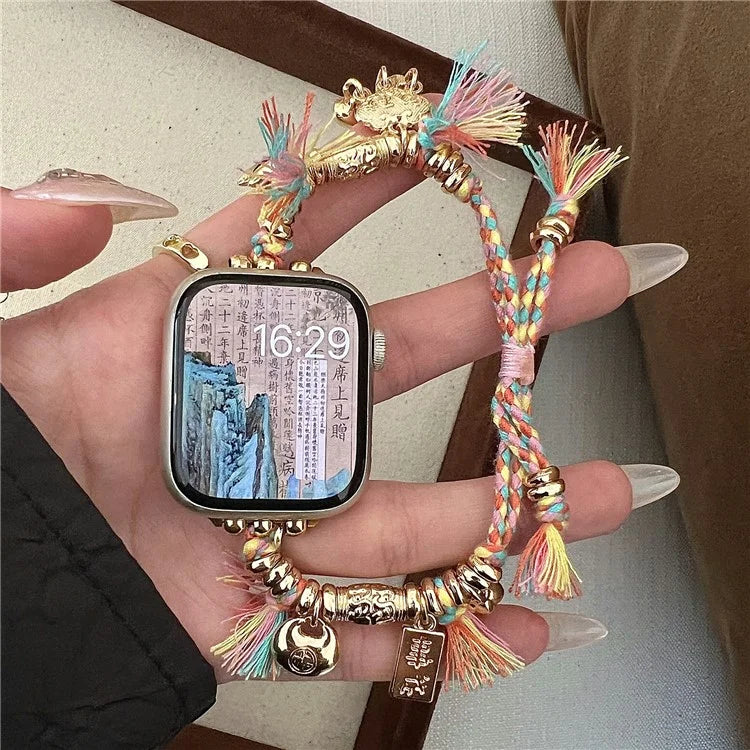 For Apple Watch Ultra 2 Ultra 49mm / Series 9 8 7 45mm / 6 5 4 SE (2023) SE (2022) SE 44mm / 3 2 1 42mm Peace Lock Pendant Woven Rope Strap