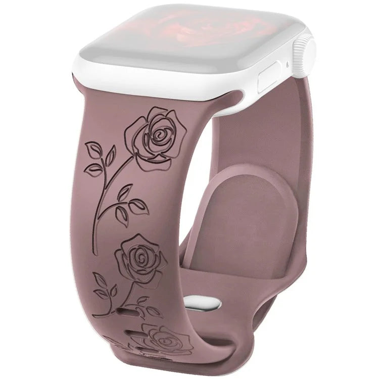 For Apple Watch Series 9 8 7 41mm / 6 5 4 SE (2023) SE (2022) SE 40mm / 3 2 1 38mm Rose Engraved Watch Strap Silicone Band