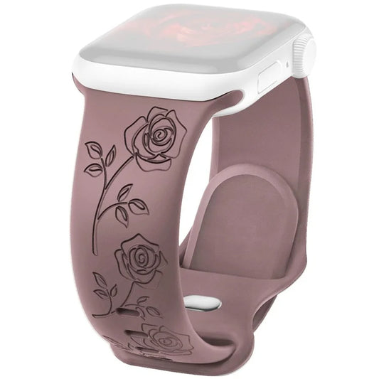 For Apple Watch Series 9 8 7 41mm / 6 5 4 SE (2023) SE (2022) SE 40mm / 3 2 1 38mm Rose Engraved Watch Strap Silicone Band
