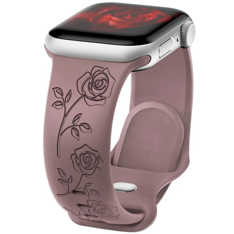 For Apple Watch Series 9 8 7 41mm / 6 5 4 SE (2023) SE (2022) SE 40mm / 3 2 1 38mm Rose Engraved Watch Strap Silicone Band