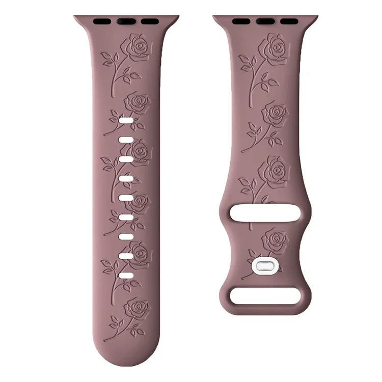 For Apple Watch Series 9 8 7 41mm / 6 5 4 SE (2023) SE (2022) SE 40mm / 3 2 1 38mm Rose Engraved Watch Strap Silicone Band