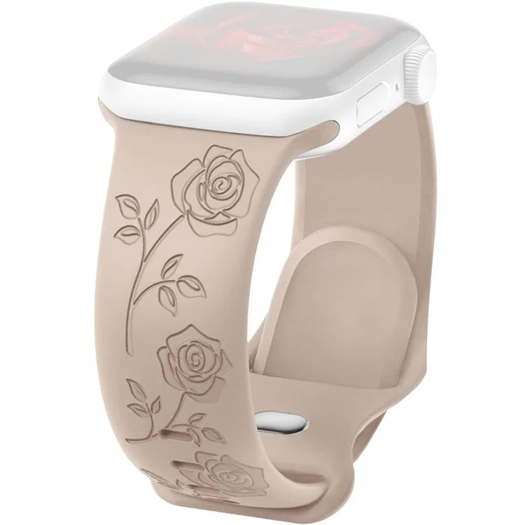 For Apple Watch Series 9 8 7 41mm / 6 5 4 SE (2023) SE (2022) SE 40mm / 3 2 1 38mm Rose Engraved Watch Strap Silicone Band