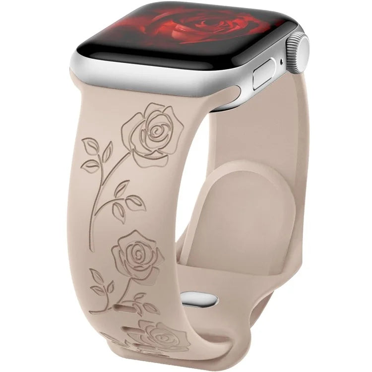 For Apple Watch Series 9 8 7 41mm / 6 5 4 SE (2023) SE (2022) SE 40mm / 3 2 1 38mm Rose Engraved Watch Strap Silicone Band
