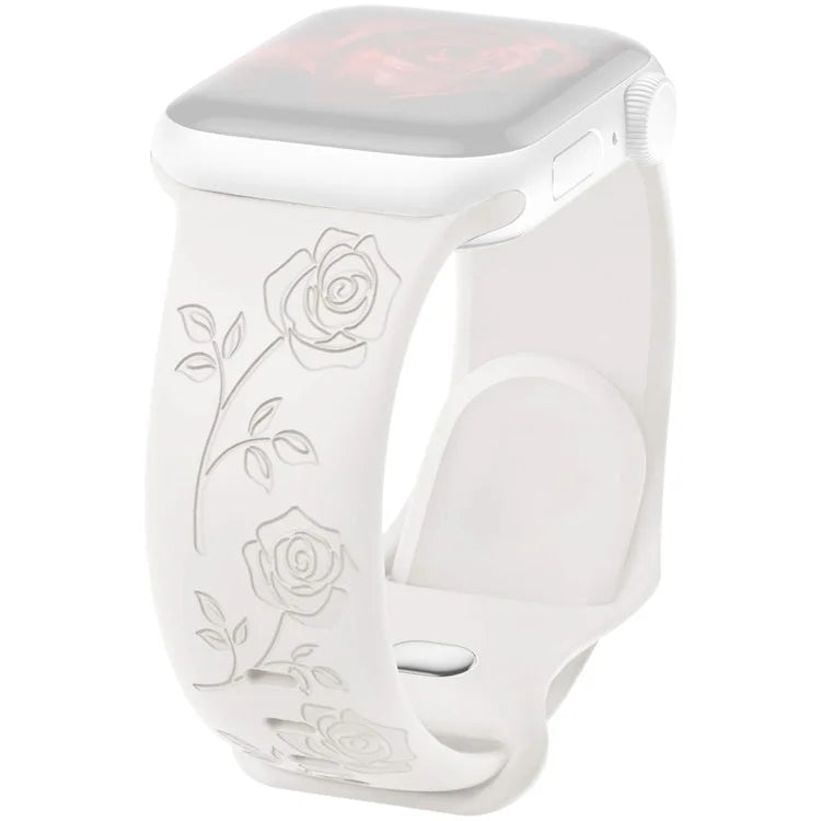 For Apple Watch Series 9 8 7 41mm / 6 5 4 SE (2023) SE (2022) SE 40mm / 3 2 1 38mm Rose Engraved Watch Strap Silicone Band