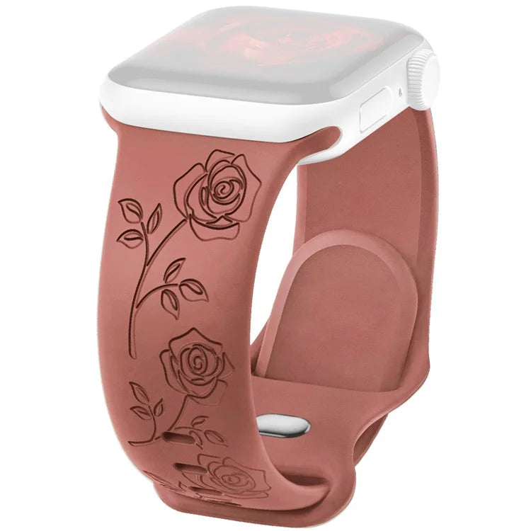 For Apple Watch Series 9 8 7 41mm / 6 5 4 SE (2023) SE (2022) SE 40mm / 3 2 1 38mm Rose Engraved Watch Strap Silicone Band