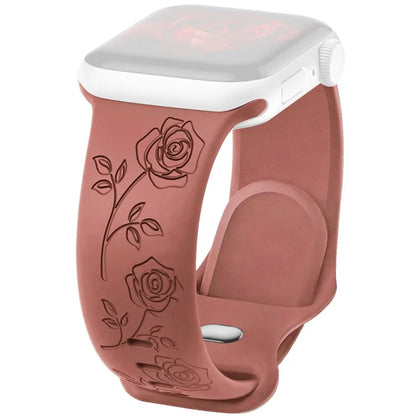 For Apple Watch Series 9 8 7 41mm / 6 5 4 SE (2023) SE (2022) SE 40mm / 3 2 1 38mm Rose Engraved Watch Strap Silicone Band