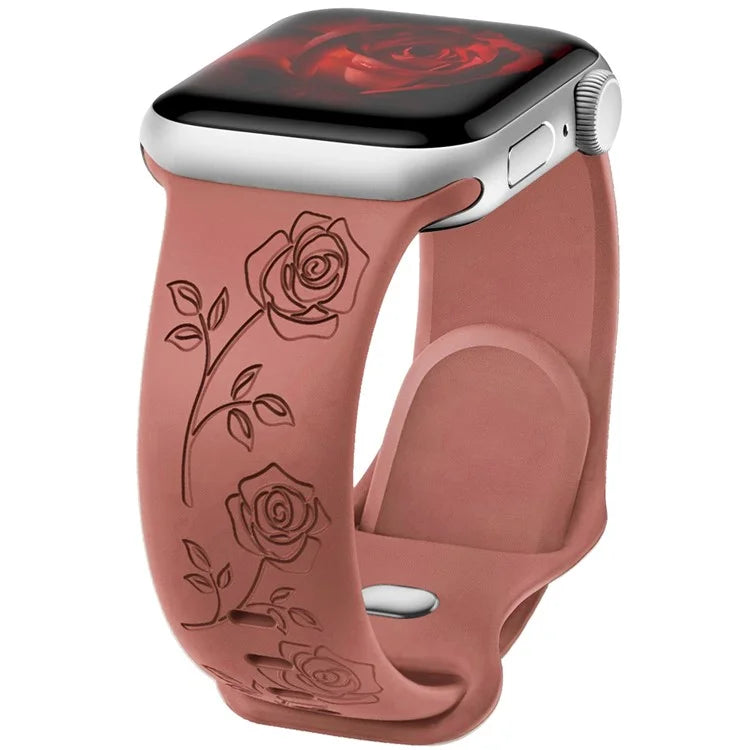 For Apple Watch Series 9 8 7 41mm / 6 5 4 SE (2023) SE (2022) SE 40mm / 3 2 1 38mm Rose Engraved Watch Strap Silicone Band