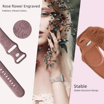 For Apple Watch Series 9 8 7 41mm / 6 5 4 SE (2023) SE (2022) SE 40mm / 3 2 1 38mm Rose Engraved Watch Strap Silicone Band
