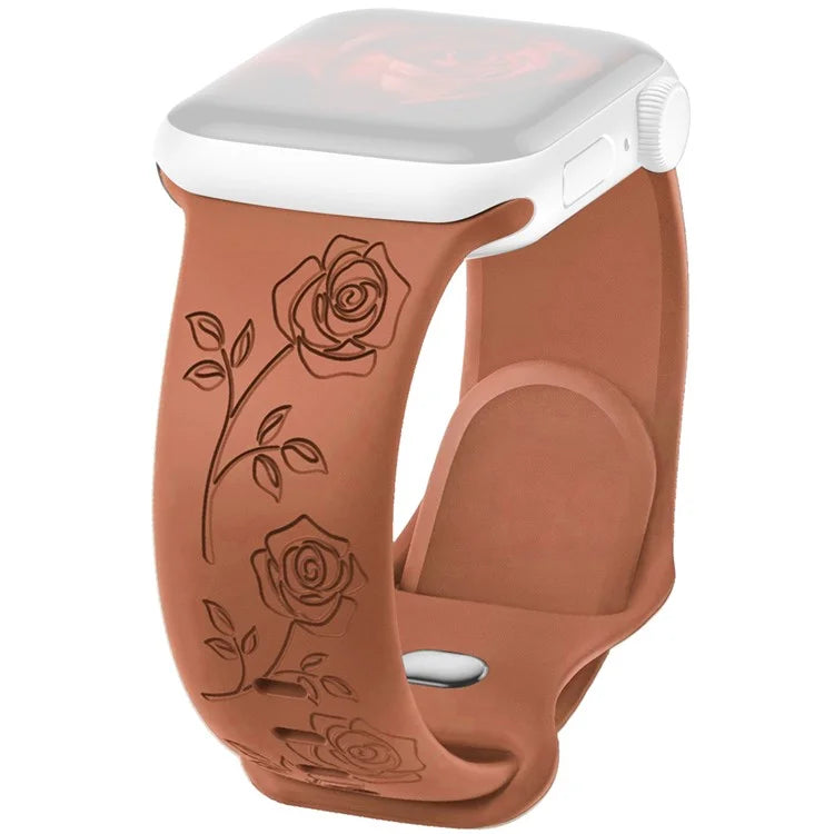 For Apple Watch Series 9 8 7 41mm / 6 5 4 SE (2023) SE (2022) SE 40mm / 3 2 1 38mm Rose Engraved Watch Strap Silicone Band