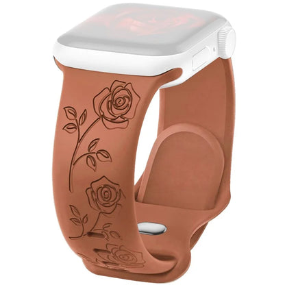 For Apple Watch Series 9 8 7 41mm / 6 5 4 SE (2023) SE (2022) SE 40mm / 3 2 1 38mm Rose Engraved Watch Strap Silicone Band