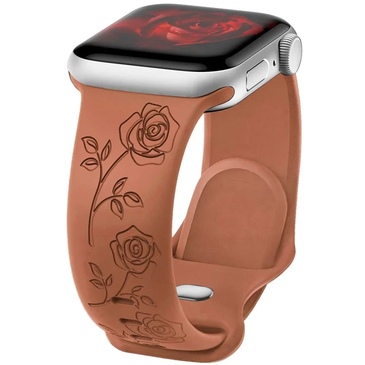 For Apple Watch Series 9 8 7 41mm / 6 5 4 SE (2023) SE (2022) SE 40mm / 3 2 1 38mm Rose Engraved Watch Strap Silicone Band