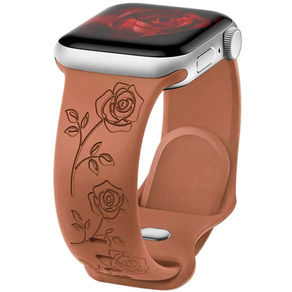 For Apple Watch Series 9 8 7 41mm / 6 5 4 SE (2023) SE (2022) SE 40mm / 3 2 1 38mm Rose Engraved Watch Strap Silicone Band