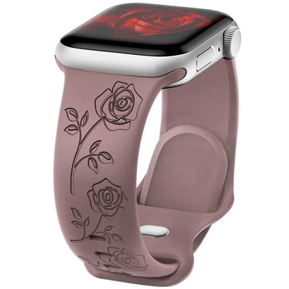 For Apple Watch Ultra 2 Ultra 49mm / 9 8 7 45mm / 6 5 4 SE (2022) SE (2023) SE 44mm / 3 2 1 42mm Rose Engraved Silicone Strap