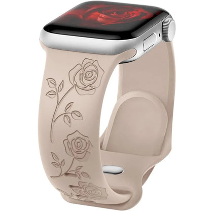 For Apple Watch Ultra 2 Ultra 49mm / 9 8 7 45mm / 6 5 4 SE (2022) SE (2023) SE 44mm / 3 2 1 42mm Rose Engraved Silicone Strap