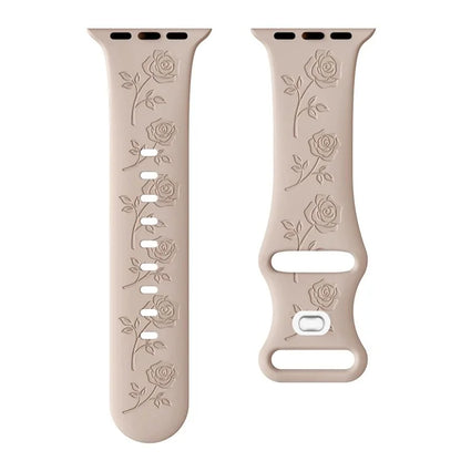 For Apple Watch Ultra 2 Ultra 49mm / 9 8 7 45mm / 6 5 4 SE (2022) SE (2023) SE 44mm / 3 2 1 42mm Rose Engraved Silicone Strap
