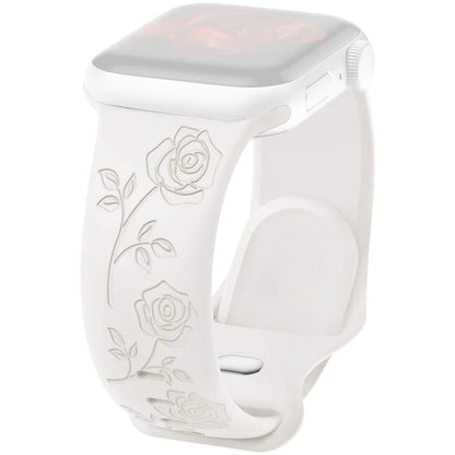 For Apple Watch Ultra 2 Ultra 49mm / 9 8 7 45mm / 6 5 4 SE (2022) SE (2023) SE 44mm / 3 2 1 42mm Rose Engraved Silicone Strap