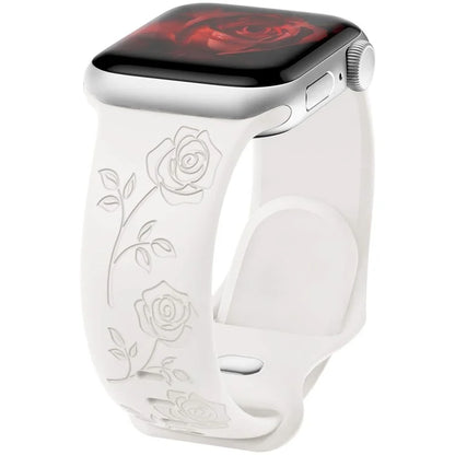 For Apple Watch Ultra 2 Ultra 49mm / 9 8 7 45mm / 6 5 4 SE (2022) SE (2023) SE 44mm / 3 2 1 42mm Rose Engraved Silicone Strap