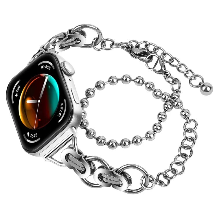 For Huawei Watch Fit 3 Dual Circle Stylish Smart Watch Strap Beaded Chain Alloy Bracelet