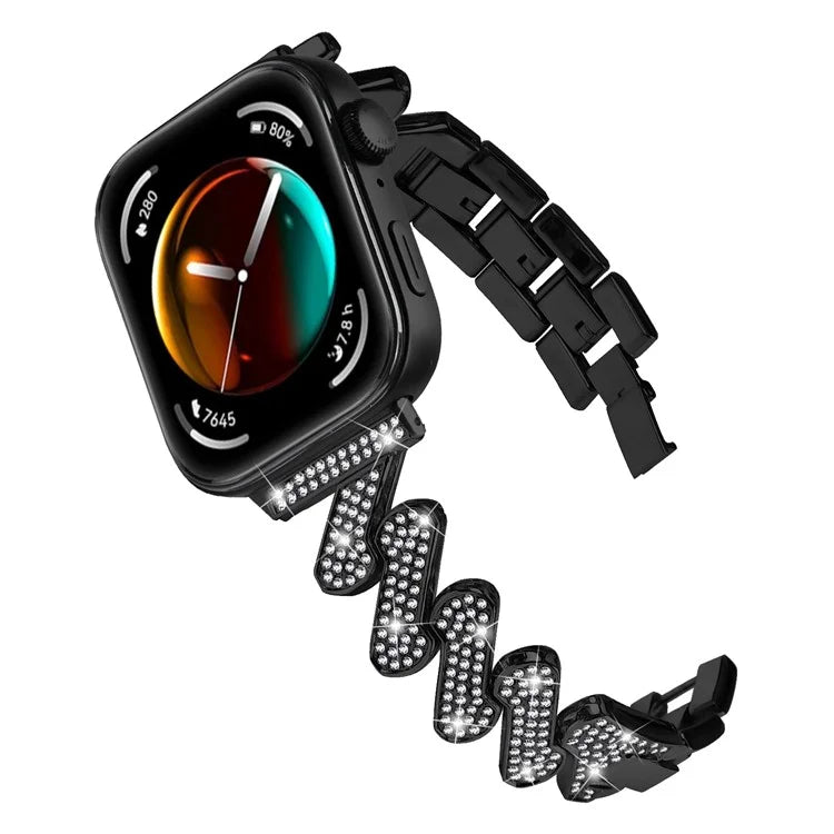 For Huawei Watch Fit 3 Watch Band Rhinestone Decor 7-Shape Metal Wrist Strap