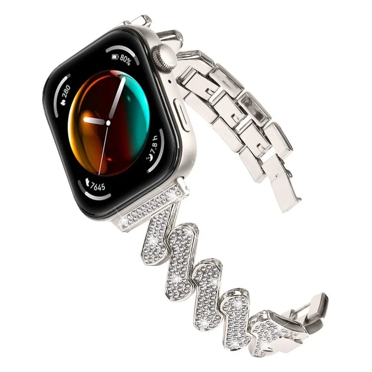 For Huawei Watch Fit 3 Watch Band Rhinestone Decor 7-Shape Metal Wrist Strap