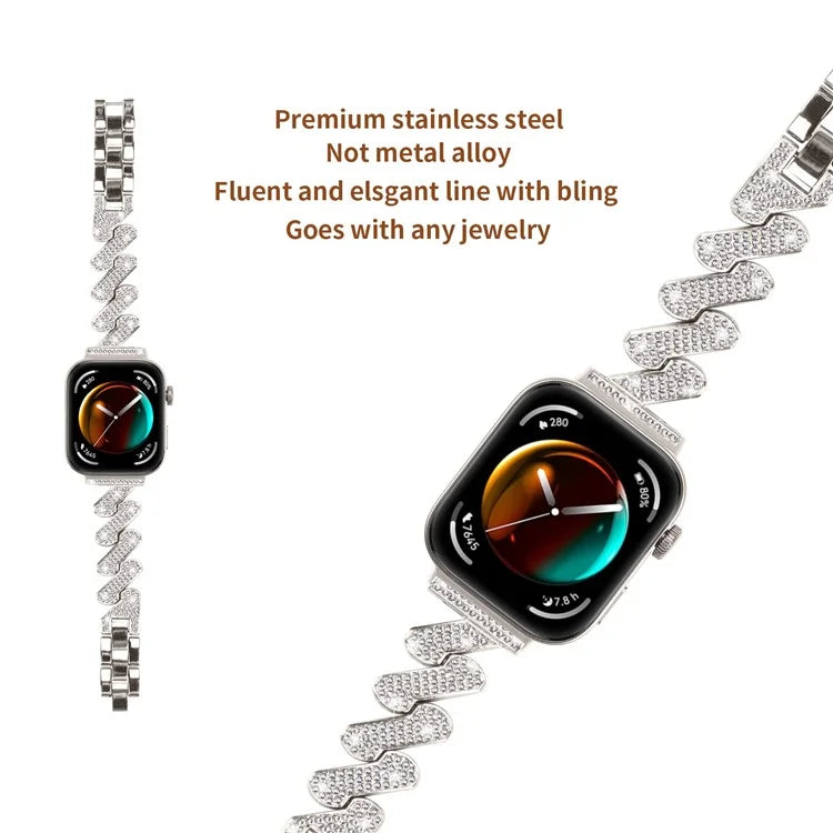 For Huawei Watch Fit 3 Watch Band Rhinestone Decor 7-Shape Metal Wrist Strap