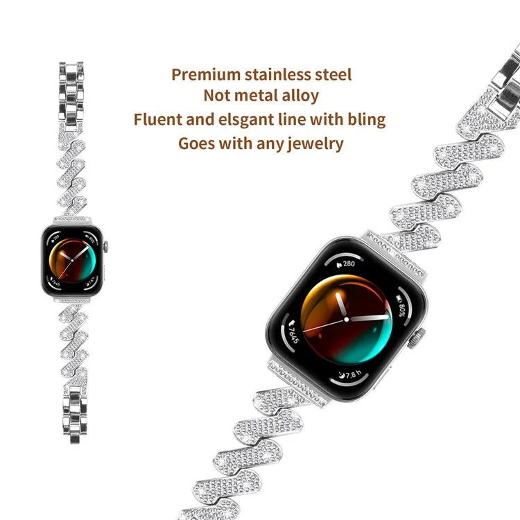 For Huawei Watch Fit 3 Watch Band Rhinestone Decor 7-Shape Metal Wrist Strap