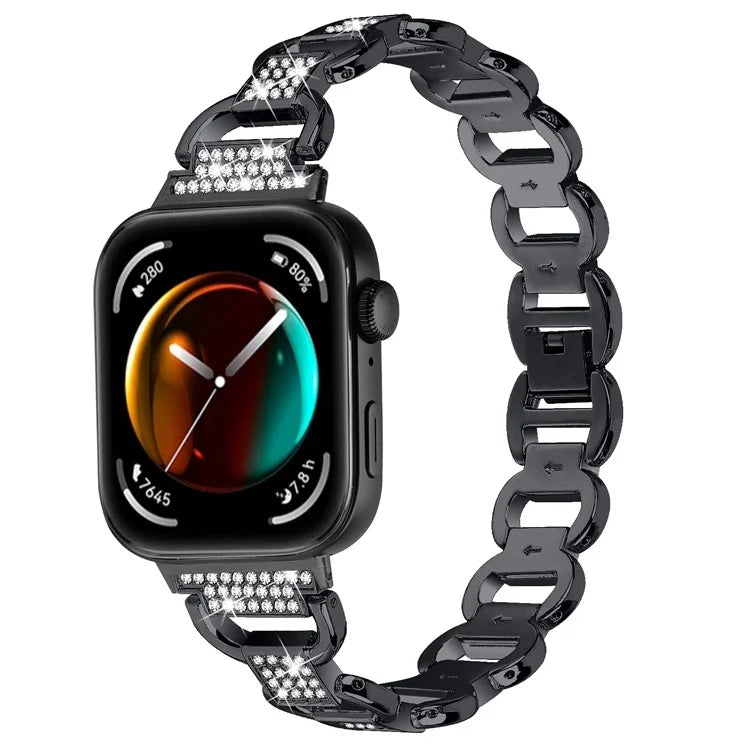 For Huawei Watch Fit 3 Watch Strap Rhinestone Decor Oval-Shape Metal Wrist Band