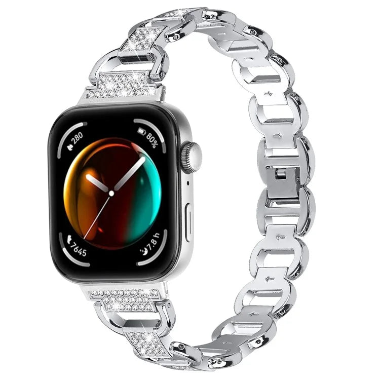 For Huawei Watch Fit 3 Watch Strap Rhinestone Decor Oval-Shape Metal Wrist Band