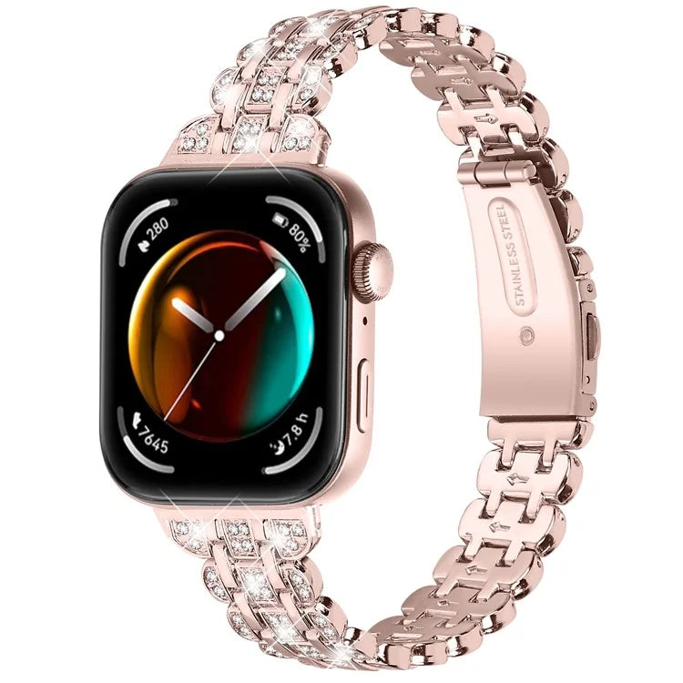 For Huawei Watch Fit 3 Metal Watch Strap Rhinestone Flower Style Band Bracelet