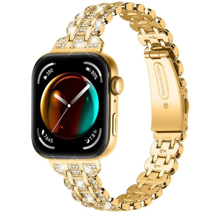 For Huawei Watch Fit 3 Metal Watch Strap Rhinestone Flower Style Band Bracelet