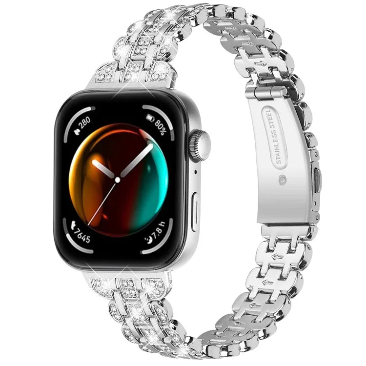 For Huawei Watch Fit 3 Metal Watch Strap Rhinestone Flower Style Band Bracelet