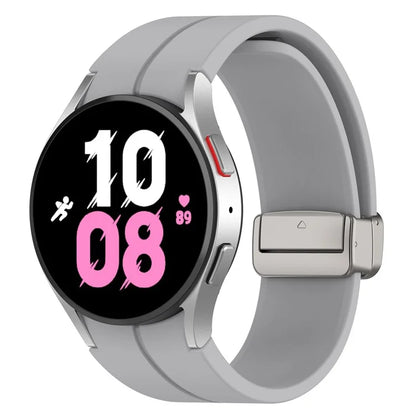 For Samsung Galaxy Watch7 40mm Magnetic Folding Silver Buckle Watch Band Silicone Strap