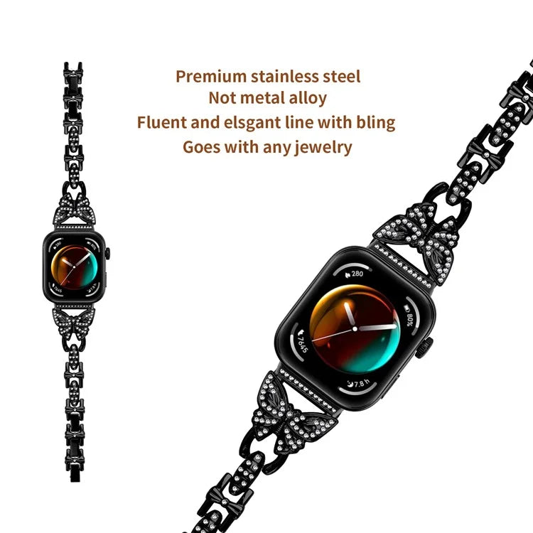 For Huawei Watch Fit 3 Rhinestone Decor Butterfly Design Watch Band Stainless Steel Wrist Strap