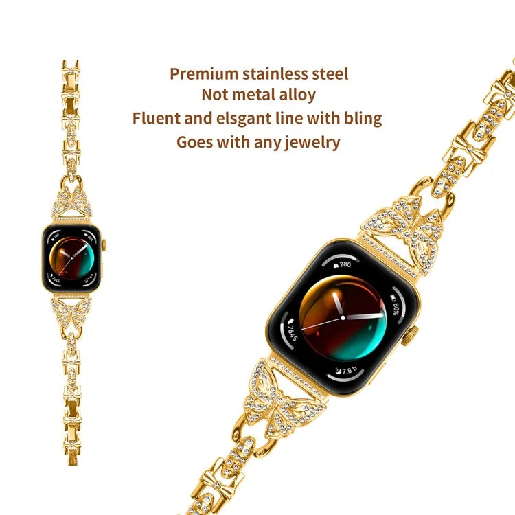 For Huawei Watch Fit 3 Rhinestone Decor Butterfly Design Watch Band Stainless Steel Wrist Strap